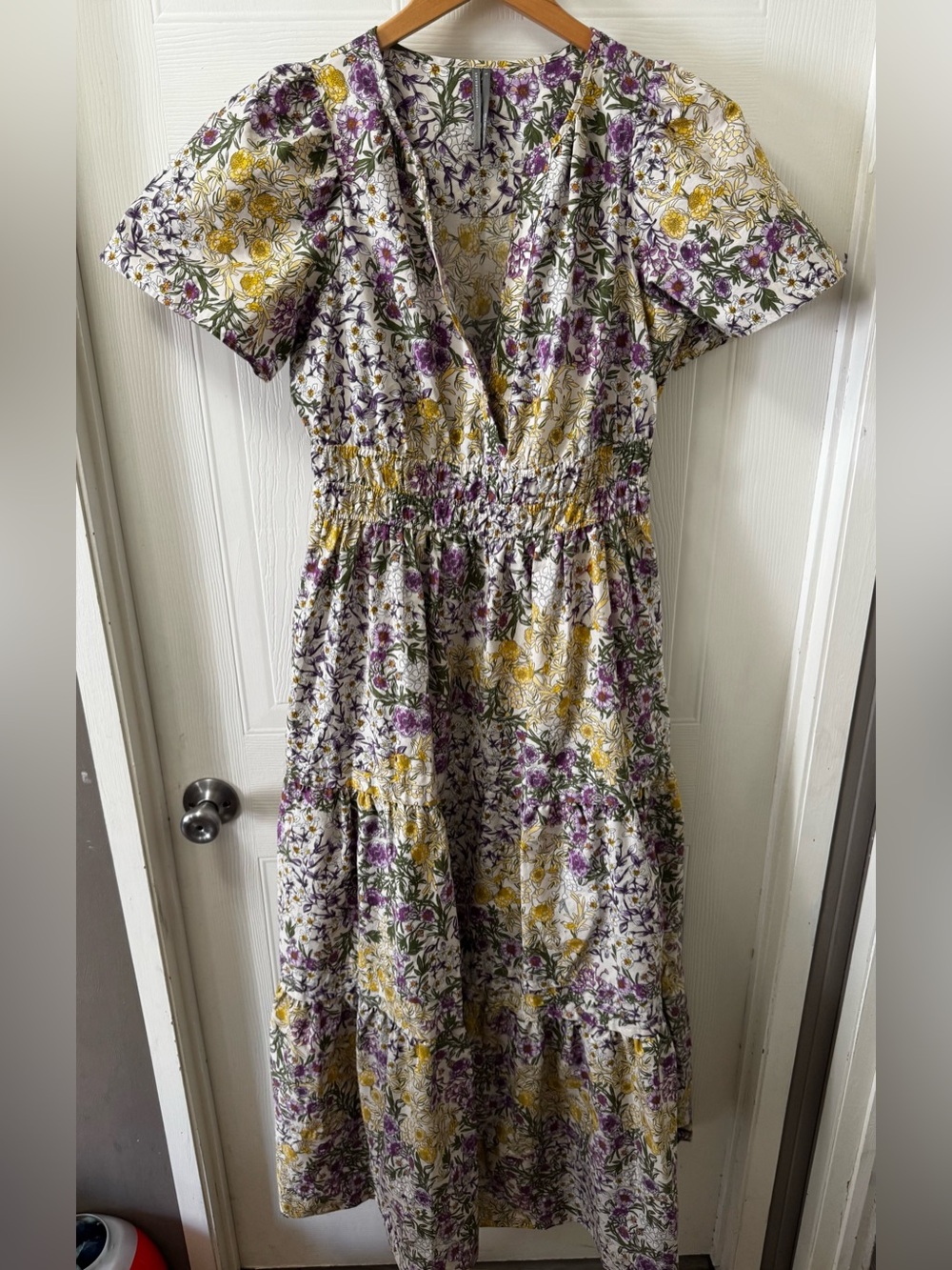 Anthropologie White Maxi Dress with Purple & Yellow Floral Print